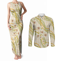 Melemele Ahiahia Hawai'i Palaka Plumeria Couples Matching Tank Maxi Dress and Long Sleeve Button Shirt Puakenikeni and Maile Lei