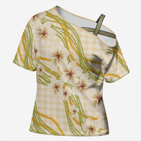 Melemele Ahiahia Hawai'i Palaka Plumeria Cross Shoulder Shirt Puakenikeni and Maile Lei