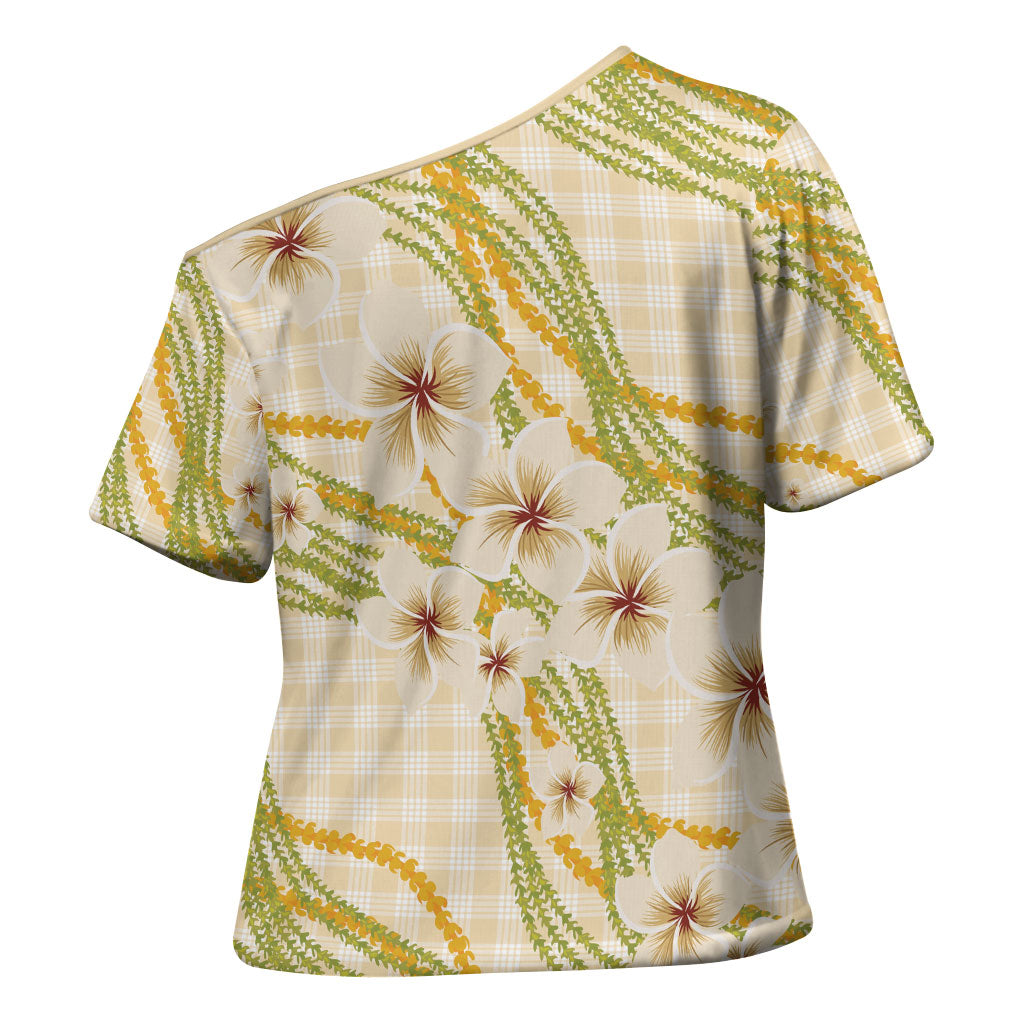 Melemele Ahiahia Hawai'i Palaka Plumeria Cross Shoulder Shirt Puakenikeni and Maile Lei