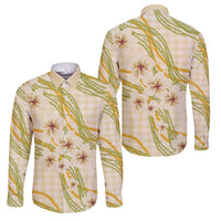Melemele Ahiahia Hawai'i Palaka Plumeria Family Matching Off The Shoulder Long Sleeve Dress and Hawaiian Shirt Puakenikeni and Maile Lei