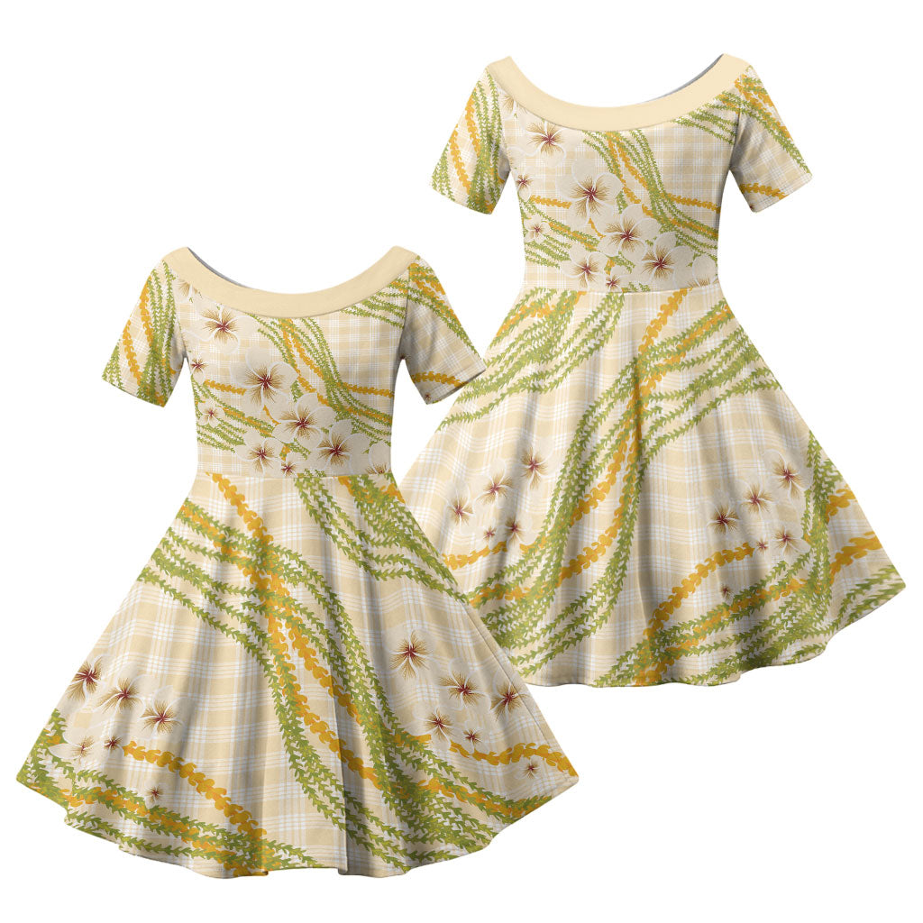 Melemele Ahiahia Hawai'i Palaka Plumeria Family Matching Off Shoulder Maxi Dress and Hawaiian Shirt Puakenikeni and Maile Lei