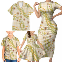 Melemele Ahiahia Hawai'i Palaka Plumeria Family Matching Short Sleeve Bodycon Dress and Hawaiian Shirt Puakenikeni and Maile Lei
