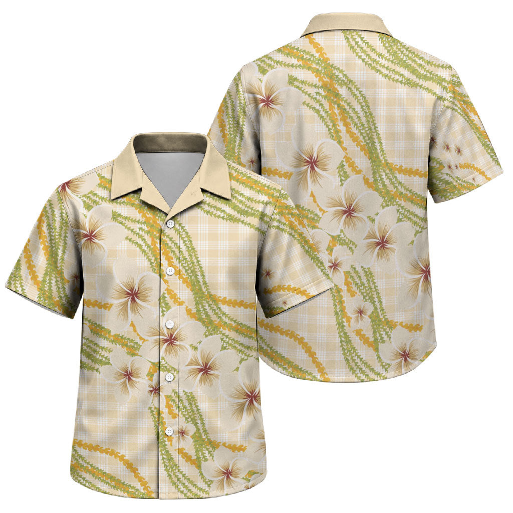 Melemele Ahiahia Hawai'i Palaka Plumeria Family Matching Short Sleeve Bodycon Dress and Hawaiian Shirt Puakenikeni and Maile Lei