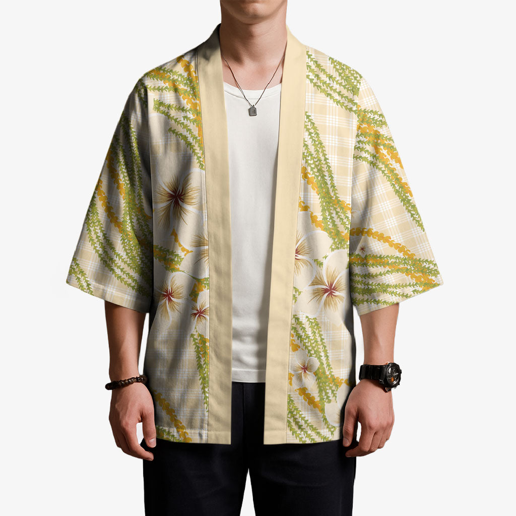 Melemele Ahiahia Hawai'i Palaka Plumeria Kimono Puakenikeni and Maile Lei