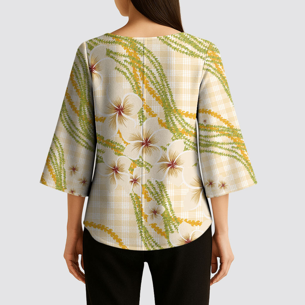 Melemele Ahiahia Hawai'i Palaka Plumeria Kimono Sleeve Blouse Puakenikeni and Maile Lei