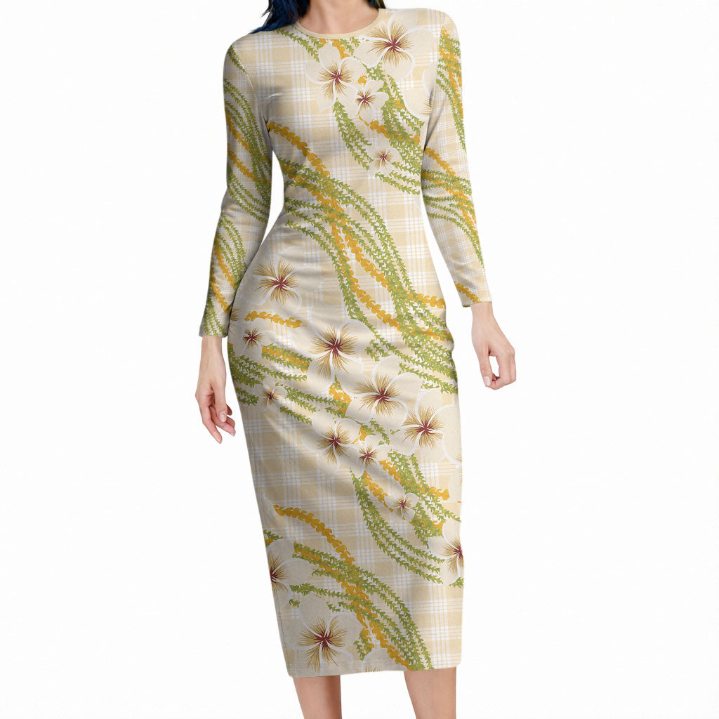 Melemele Ahiahia Hawai'i Palaka Plumeria Long Sleeve Bodycon Dress Puakenikeni and Maile Lei