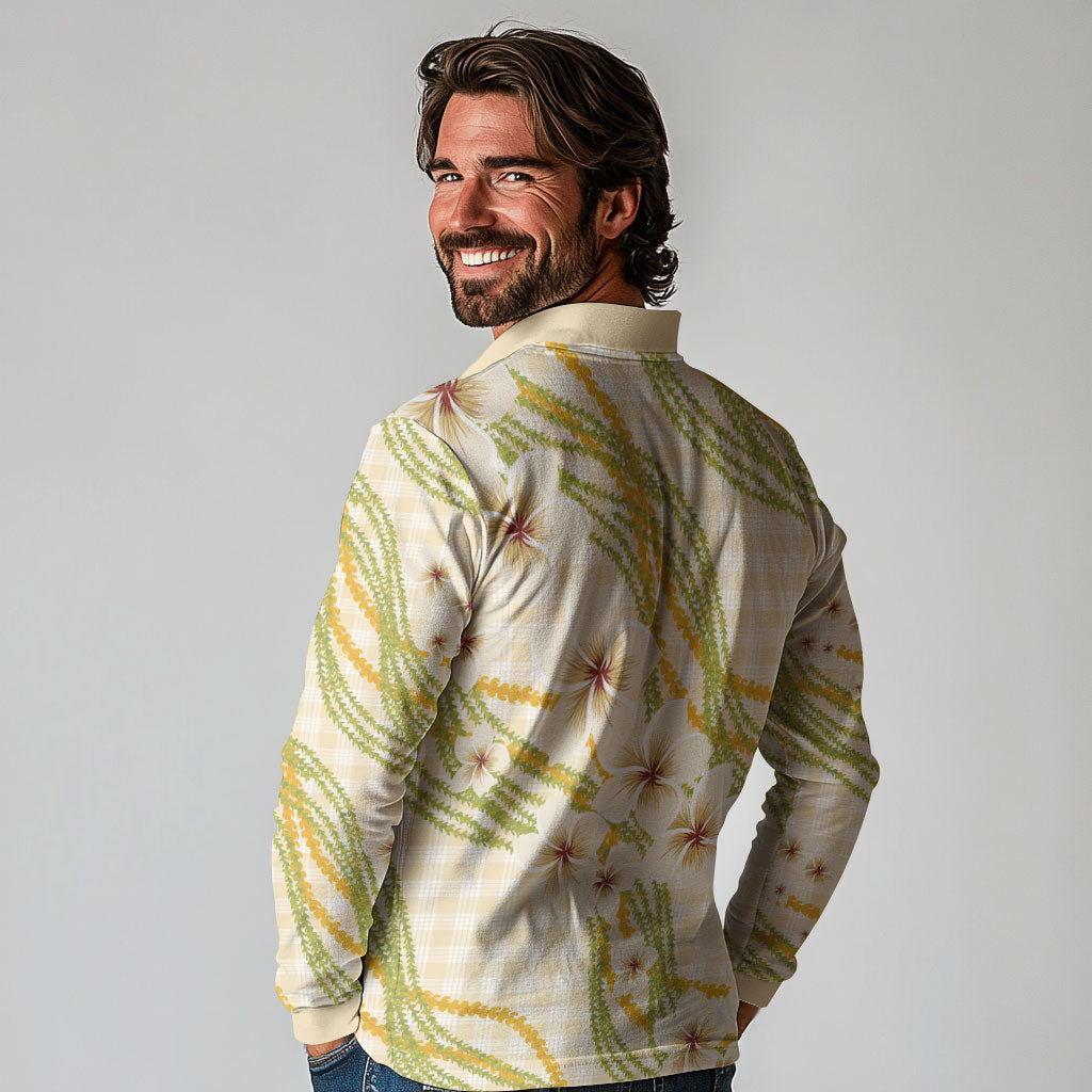 Melemele Ahiahia Hawai'i Palaka Plumeria Long Sleeve Polo Shirt Puakenikeni and Maile Lei
