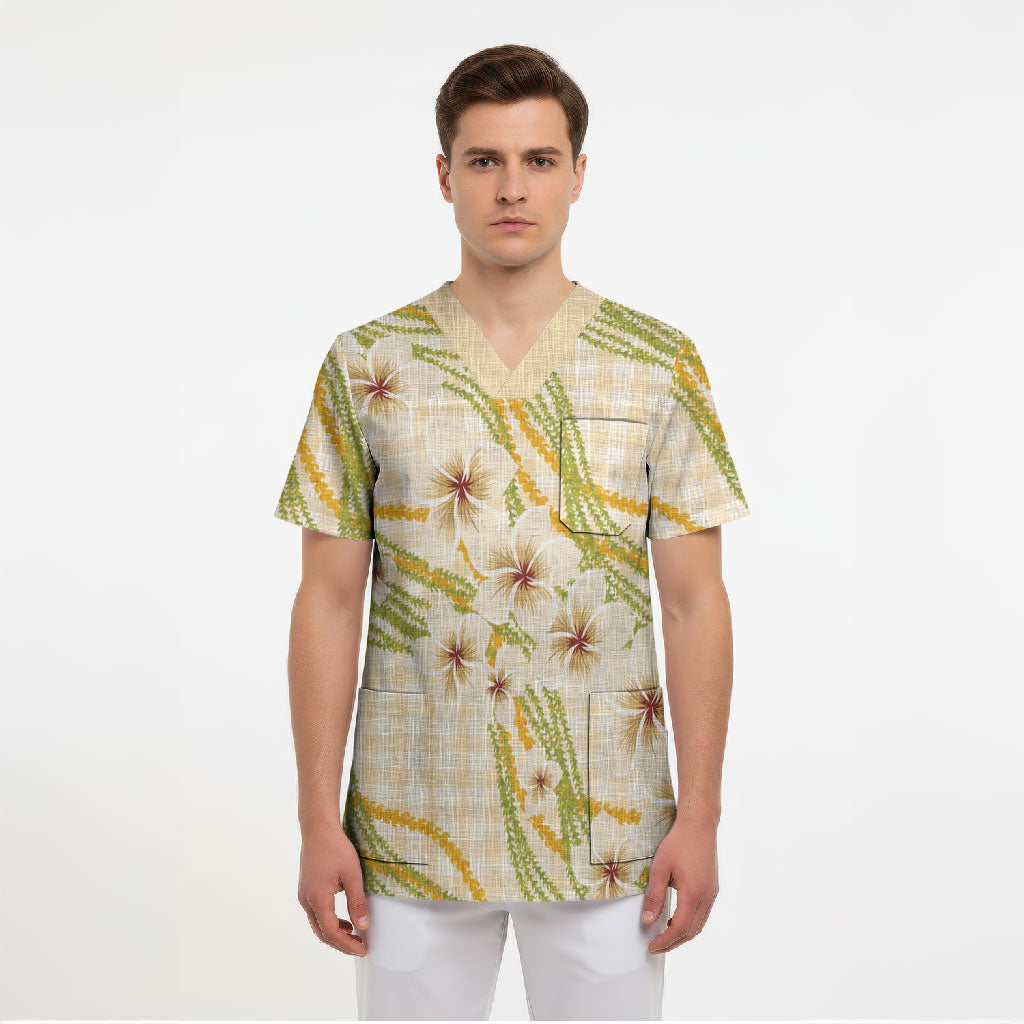 Melemele Ahiahia Hawai'i Palaka Plumeria Scrub Top Puakenikeni and Maile Lei