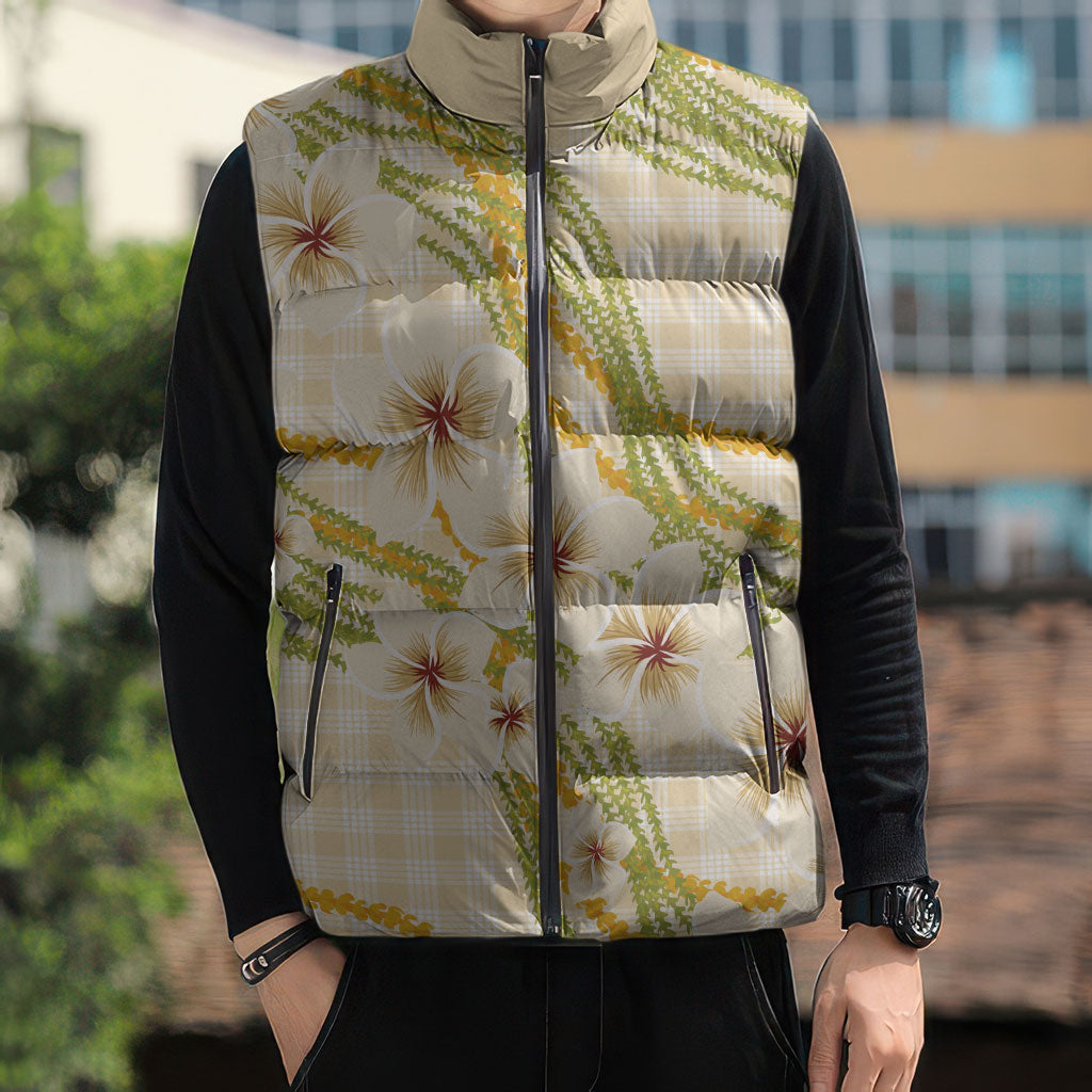 Melemele Ahiahia Hawai'i Palaka Plumeria Sleeveless Puffer Jacket Puakenikeni and Maile Lei