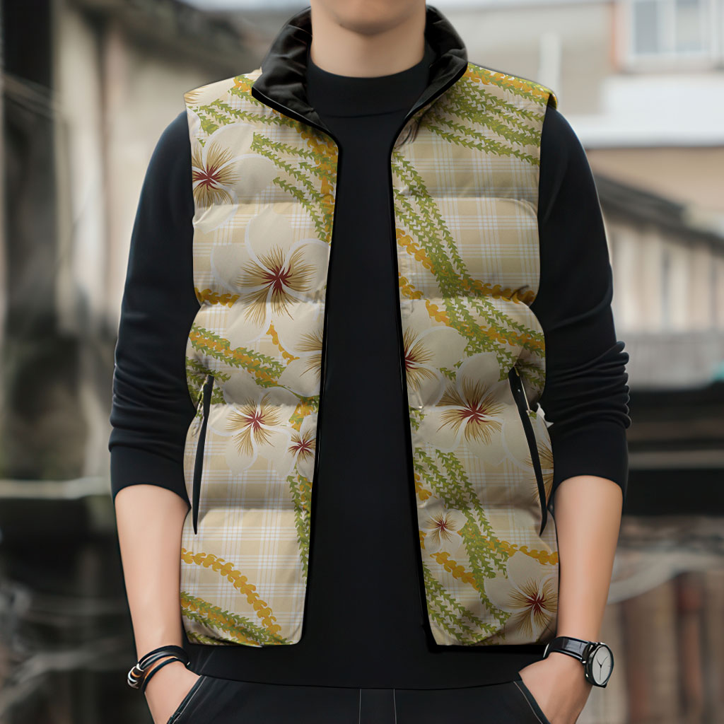 Melemele Ahiahia Hawai'i Palaka Plumeria Sleeveless Puffer Jacket Puakenikeni and Maile Lei