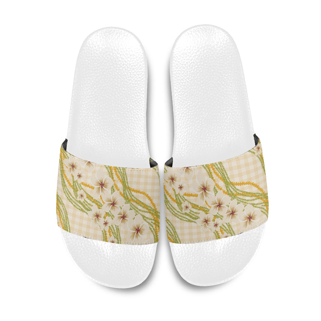 Melemele Ahiahia Hawai'i Palaka Plumeria Slide Sandals Puakenikeni and Maile Lei
