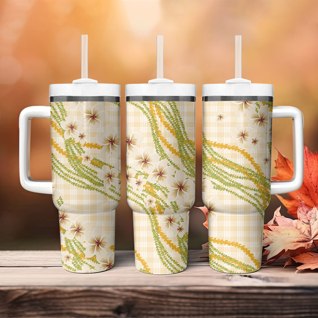 Melemele Ahiahia Hawai'i Palaka Plumeria Tumbler With Handle Puakenikeni and Maile Lei