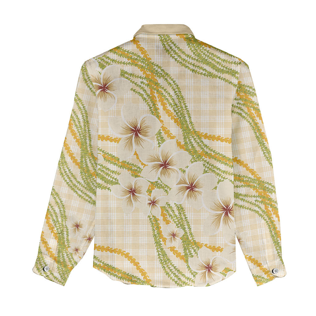 Melemele Ahiahia Hawai'i Palaka Plumeria Women Casual Shirt Puakenikeni and Maile Lei