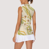 Melemele Ahiahia Hawai'i Palaka Plumeria Women Sleeveless Polo Shirt Puakenikeni and Maile Lei