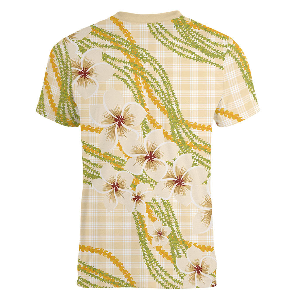 Melemele Ahiahia Hawai'i Palaka Plumeria Women V-Neck T-Shirt Puakenikeni and Maile Lei