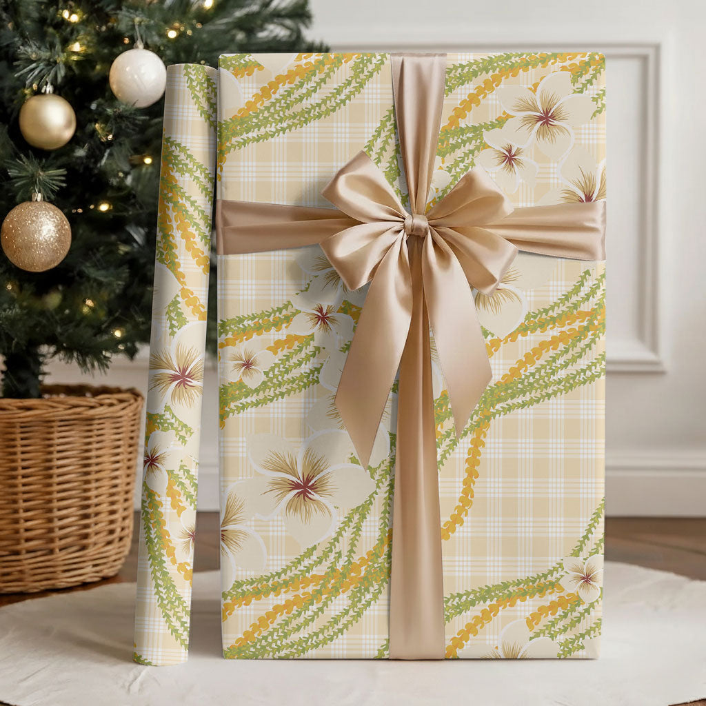 Melemele Ahiahia Hawai'i Palaka Plumeria Wrapping Paper Puakenikeni and Maile Lei