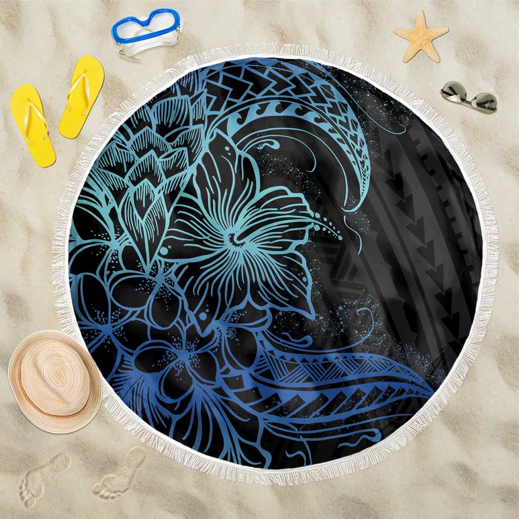 Floral Polynesian Hibiscus Tattoo Beach Blanket Blue Gradient Style LT9 One Size 150cm Blue - Polynesian Pride