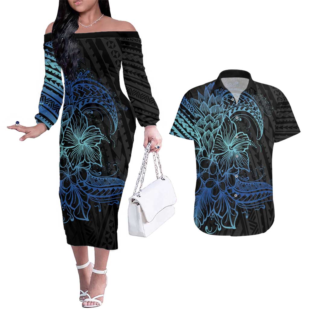 Floral Polynesian Hibiscus Tattoo Couples Matching Off The Shoulder Long Sleeve Dress and Hawaiian Shirt Blue Gradient Style