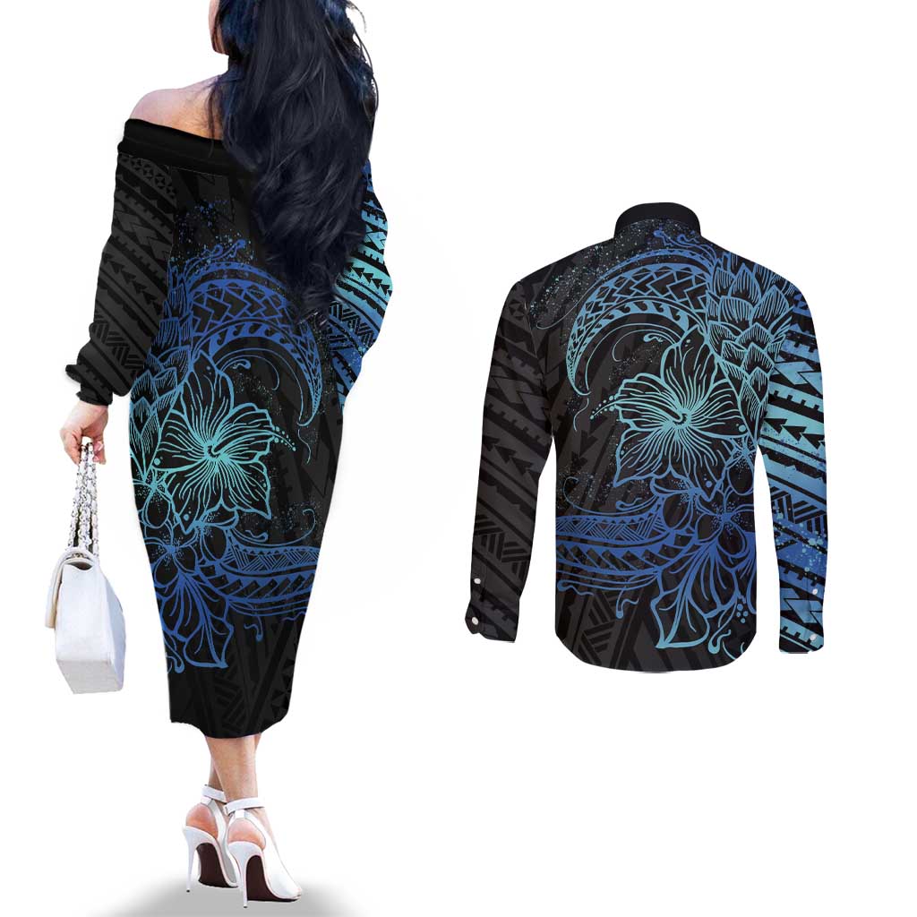 Floral Polynesian Hibiscus Tattoo Couples Matching Off The Shoulder Long Sleeve Dress and Long Sleeve Button Shirt Blue Gradient Style LT9 - Polynesian Pride
