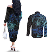 Floral Polynesian Hibiscus Tattoo Couples Matching Off The Shoulder Long Sleeve Dress and Long Sleeve Button Shirt Blue Gradient Style LT9 - Polynesian Pride