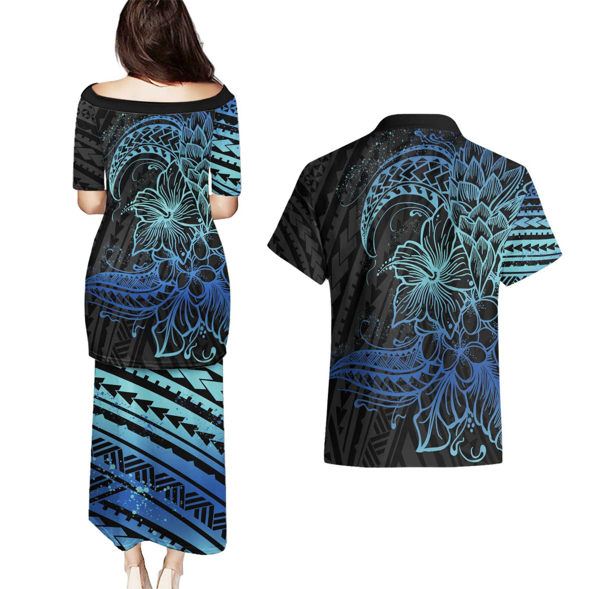 Floral Polynesian Hibiscus Tattoo Couples Matching Puletasi and Hawaiian Shirt Blue Gradient Style
