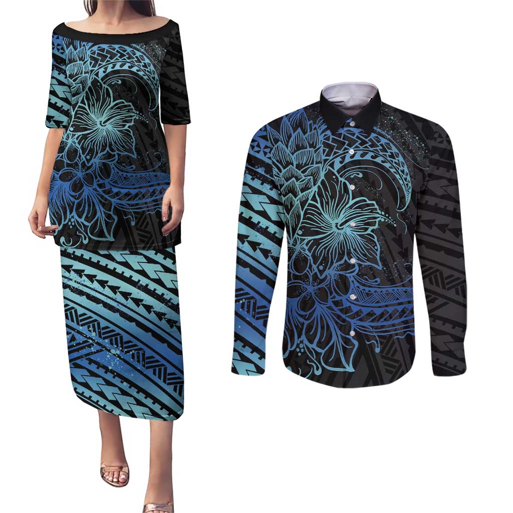Floral Polynesian Hibiscus Tattoo Couples Matching Puletasi and Long Sleeve Button Shirt Blue Gradient Style LT9 Blue - Polynesian Pride