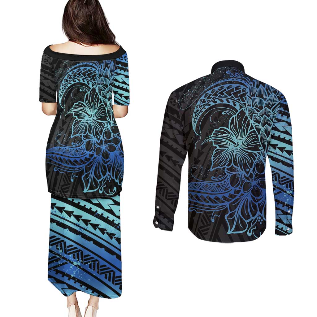 Floral Polynesian Hibiscus Tattoo Couples Matching Puletasi and Long Sleeve Button Shirt Blue Gradient Style LT9 - Polynesian Pride
