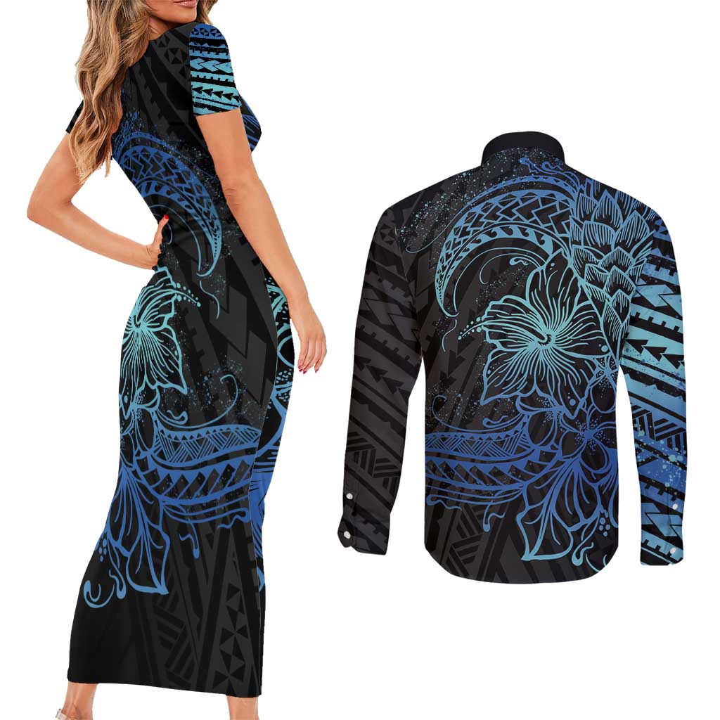 Floral Polynesian Hibiscus Tattoo Couples Matching Short Sleeve Bodycon Dress and Long Sleeve Button Shirt Blue Gradient Style