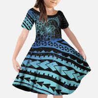 Floral Polynesian Hibiscus Tattoo Family Matching Long Sleeve Bodycon Dress and Hawaiian Shirt Blue Gradient Style LT9 Daughter's Dress Blue - Polynesian Pride