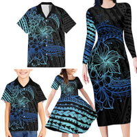Floral Polynesian Hibiscus Tattoo Family Matching Long Sleeve Bodycon Dress and Hawaiian Shirt Blue Gradient Style LT9 - Polynesian Pride