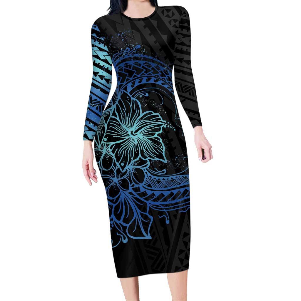 Floral Polynesian Hibiscus Tattoo Family Matching Long Sleeve Bodycon Dress and Hawaiian Shirt Blue Gradient Style LT9 Mom's Dress Blue - Polynesian Pride