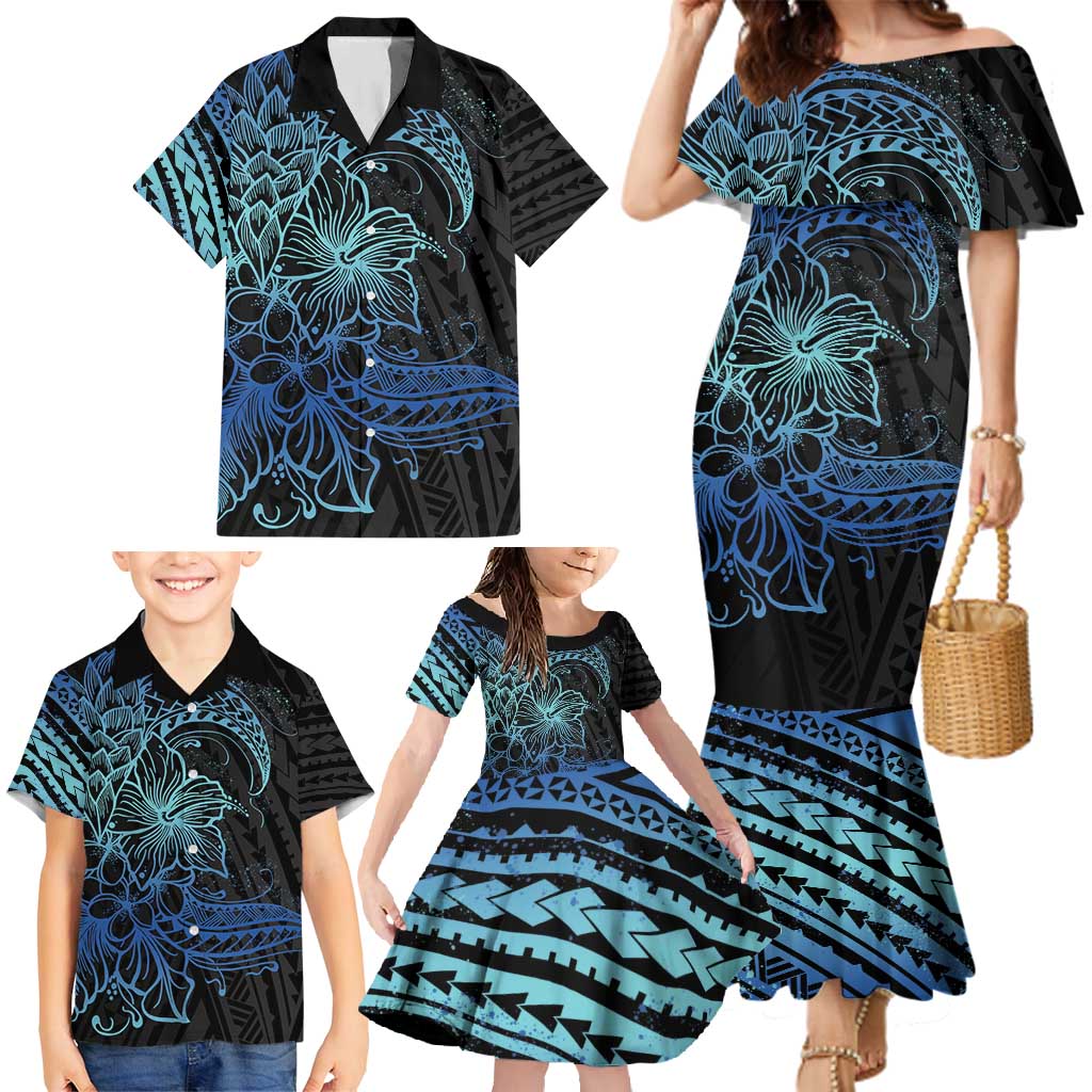 Floral Polynesian Hibiscus Tattoo Family Matching Mermaid Dress and Hawaiian Shirt Blue Gradient Style LT9 - Polynesian Pride
