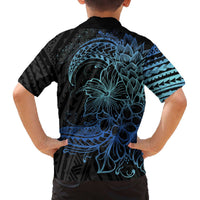 Floral Polynesian Hibiscus Tattoo Family Matching Off The Shoulder Long Sleeve Dress and Hawaiian Shirt Blue Gradient Style LT9 - Polynesian Pride