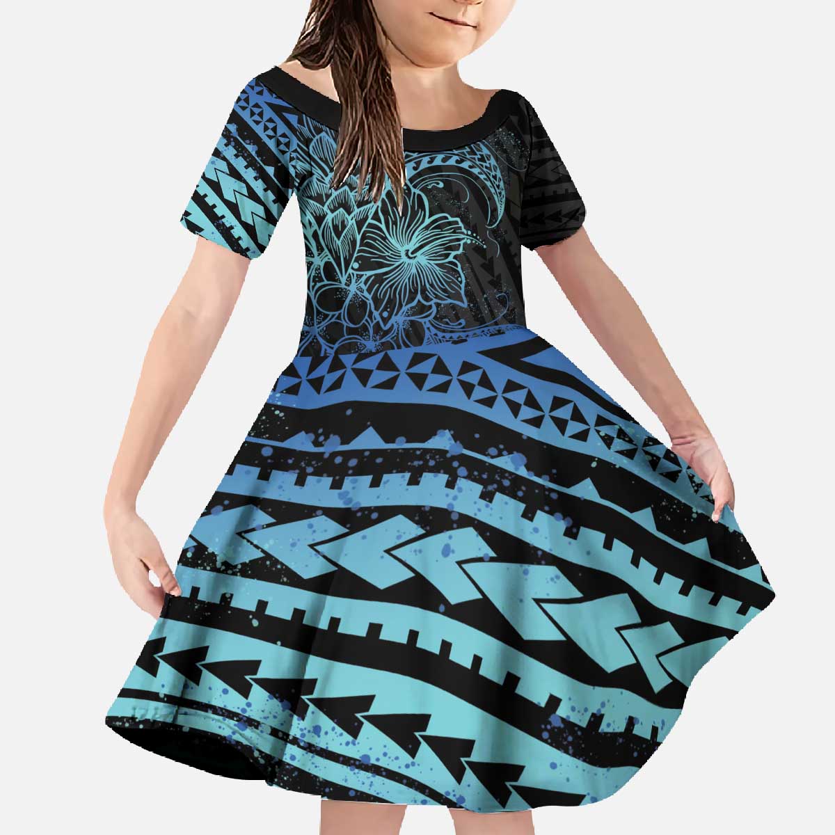 Floral Polynesian Hibiscus Tattoo Family Matching Off The Shoulder Long Sleeve Dress and Hawaiian Shirt Blue Gradient Style LT9 Daughter's Dress Blue - Polynesian Pride