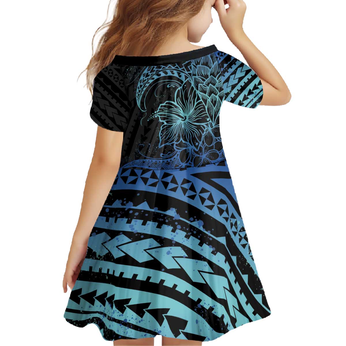 Floral Polynesian Hibiscus Tattoo Family Matching Off The Shoulder Long Sleeve Dress and Hawaiian Shirt Blue Gradient Style LT9 - Polynesian Pride