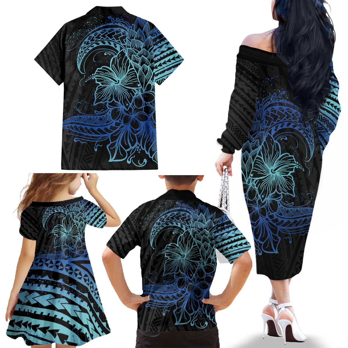Floral Polynesian Hibiscus Tattoo Family Matching Off The Shoulder Long Sleeve Dress and Hawaiian Shirt Blue Gradient Style LT9 - Polynesian Pride