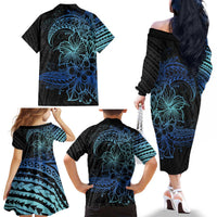 Floral Polynesian Hibiscus Tattoo Family Matching Off The Shoulder Long Sleeve Dress and Hawaiian Shirt Blue Gradient Style LT9 - Polynesian Pride