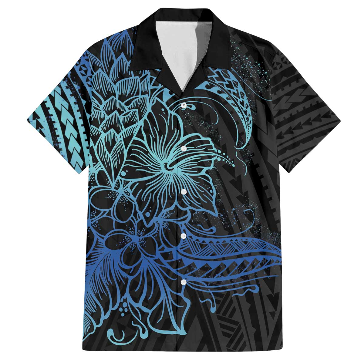 Floral Polynesian Hibiscus Tattoo Family Matching Off The Shoulder Long Sleeve Dress and Hawaiian Shirt Blue Gradient Style LT9 Dad's Shirt - Short Sleeve Blue - Polynesian Pride