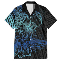 Floral Polynesian Hibiscus Tattoo Family Matching Off The Shoulder Long Sleeve Dress and Hawaiian Shirt Blue Gradient Style LT9 Dad's Shirt - Short Sleeve Blue - Polynesian Pride