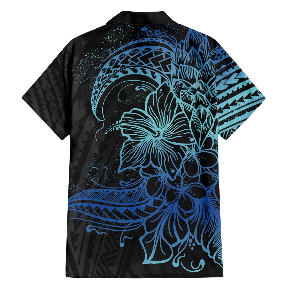 Floral Polynesian Hibiscus Tattoo Family Matching Off The Shoulder Long Sleeve Dress and Hawaiian Shirt Blue Gradient Style LT9 - Polynesian Pride