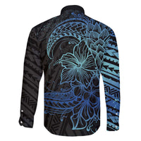 Floral Polynesian Hibiscus Tattoo Family Matching Off The Shoulder Long Sleeve Dress and Hawaiian Shirt Blue Gradient Style LT9 - Polynesian Pride