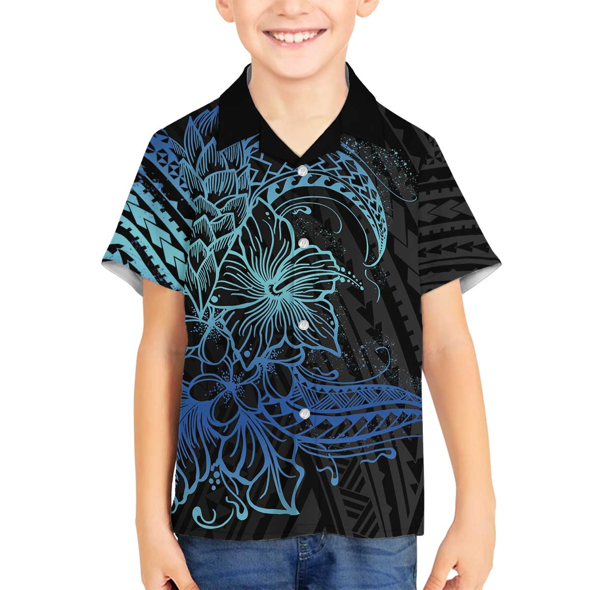 Floral Polynesian Hibiscus Tattoo Family Matching Off The Shoulder Long Sleeve Dress and Hawaiian Shirt Blue Gradient Style LT9 Son's Shirt Blue - Polynesian Pride