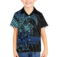 Floral Polynesian Hibiscus Tattoo Family Matching Off The Shoulder Long Sleeve Dress and Hawaiian Shirt Blue Gradient Style LT9 Son's Shirt Blue - Polynesian Pride