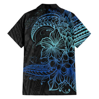 Floral Polynesian Hibiscus Tattoo Family Matching Short Sleeve Bodycon Dress and Hawaiian Shirt Blue Gradient Style LT9 - Polynesian Pride