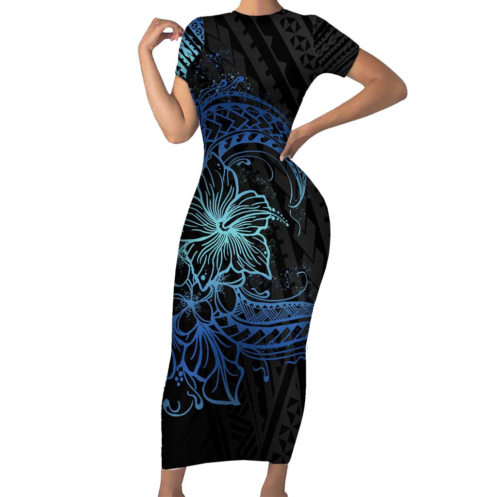 Floral Polynesian Hibiscus Tattoo Family Matching Short Sleeve Bodycon Dress and Hawaiian Shirt Blue Gradient Style LT9 Mom's Dress Blue - Polynesian Pride
