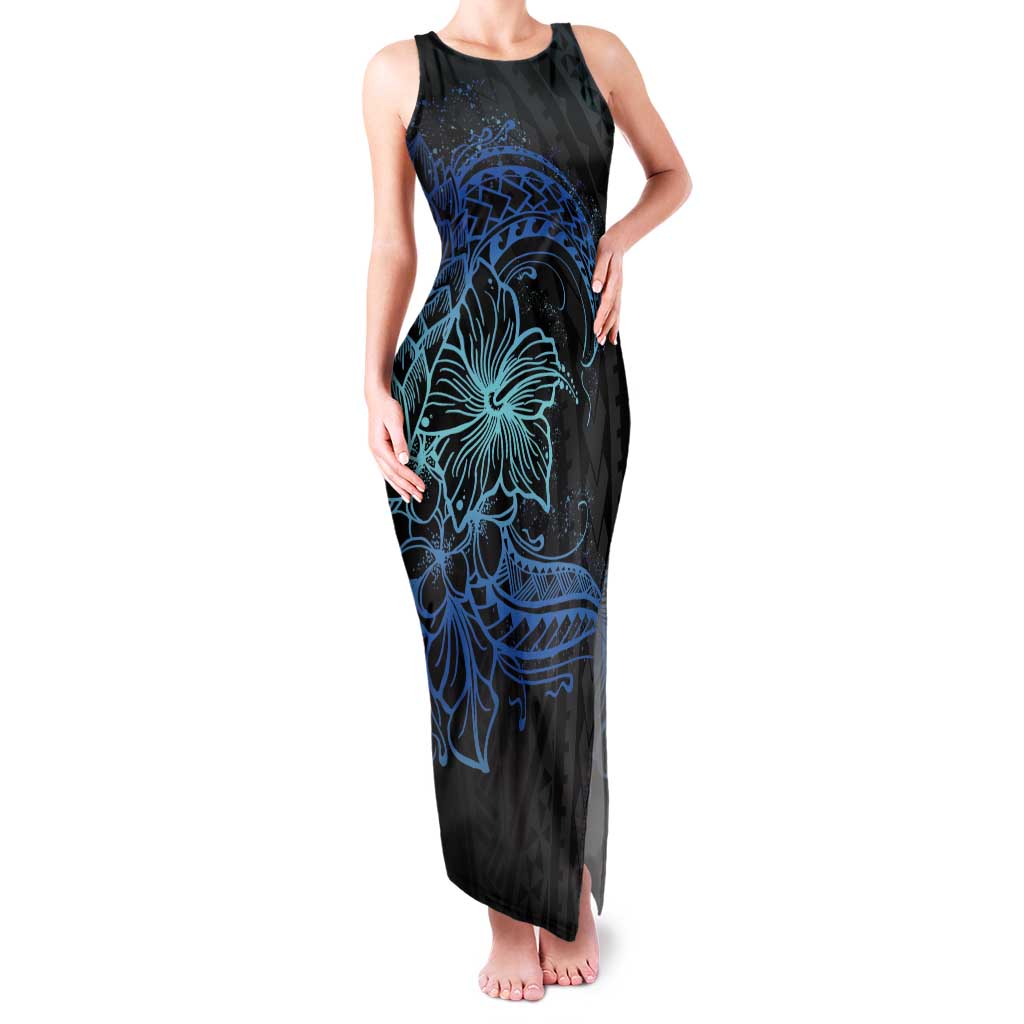Floral Polynesian Hibiscus Tattoo Family Matching Tank Maxi Dress and Hawaiian Shirt Blue Gradient Style
