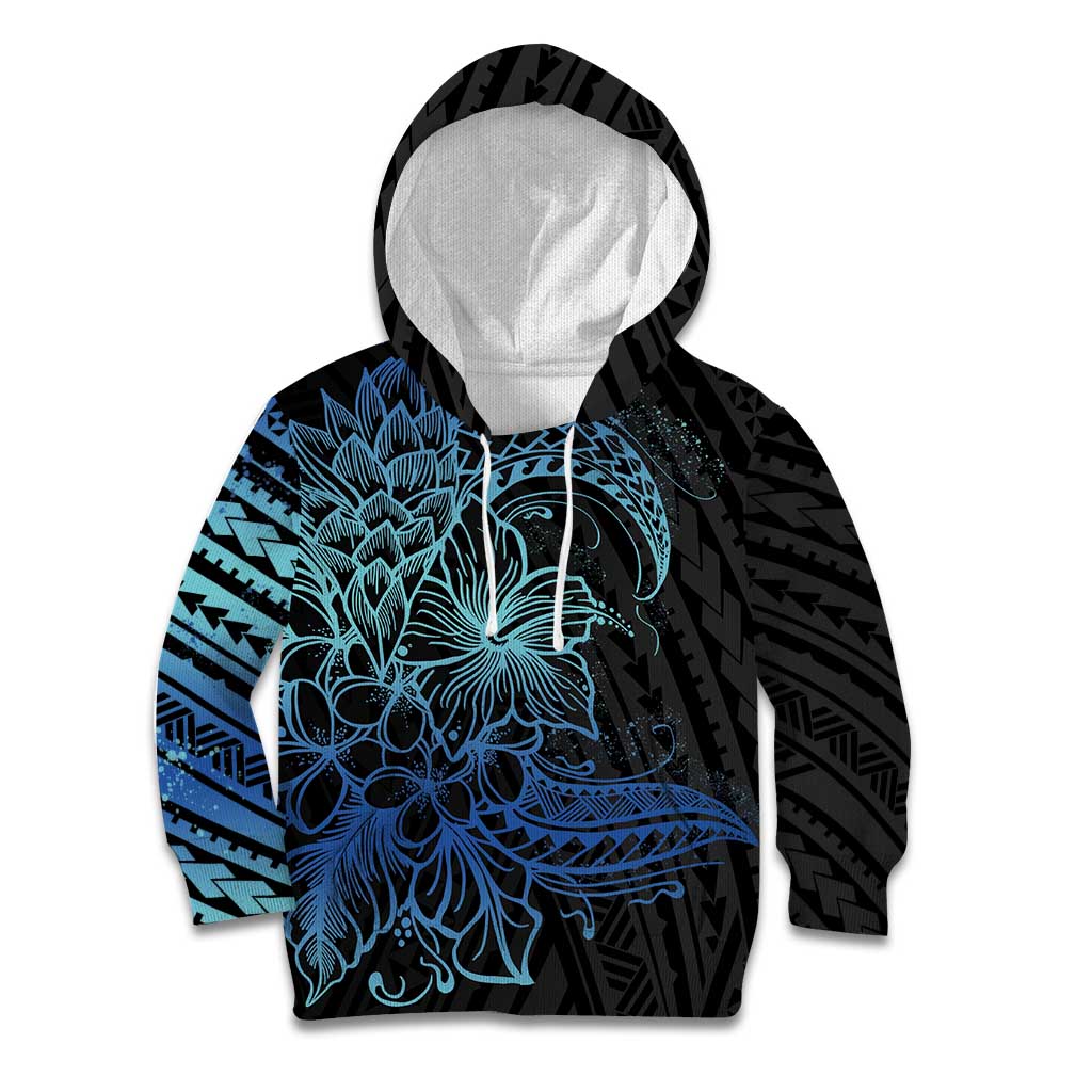 Floral Polynesian Hibiscus Tattoo Kid Hoodie Blue Gradient Style LT9 Hoodie Blue - Polynesian Pride