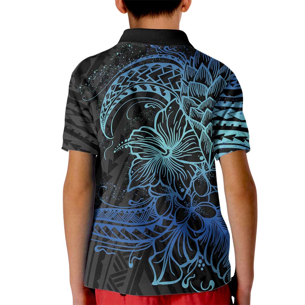 Floral Polynesian Hibiscus Tattoo Kid Polo Shirt Blue Gradient Style