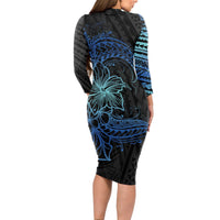 Floral Polynesian Hibiscus Tattoo Long Sleeve Bodycon Dress Blue Gradient Style LT9 - Polynesian Pride