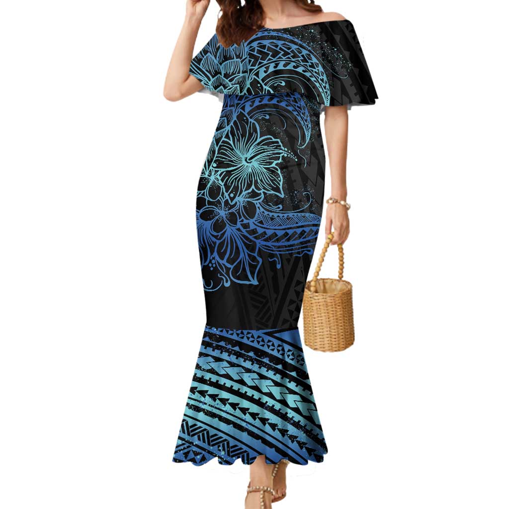 Floral Polynesian Hibiscus Tattoo Mermaid Dress Blue Gradient Style LT9 Women Blue - Polynesian Pride